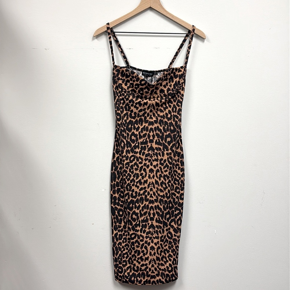 PrettyLittleThing Women’s Leopard Print Midi w/Cup Dress, Brown/Black, Size 4